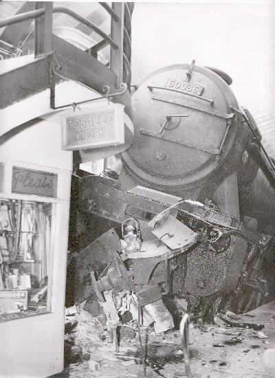 The scene on platform 12 at York Station on August 4, 1958, when the Sunderland to York train over-ran the buffer stops, mounted the platform and tore into the tobacco kiosk, injuring 11 people. 
