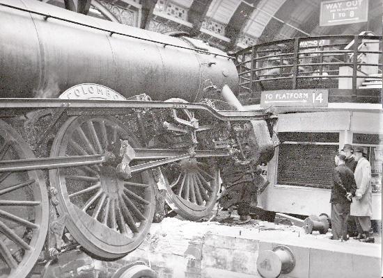 The scene on platform 12 at York Station on August 4, 1958, when the Sunderland to York train over-ran the buffer stops, mounted the platform and tore into the tobacco kiosk, injuring 11 people. 
