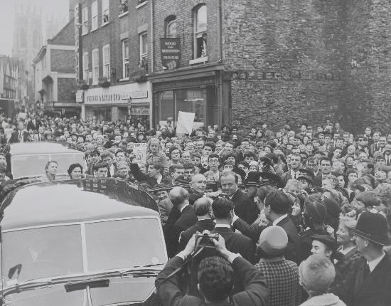 A crowd in King's Square, York, gathered around Alec Douglas Home during the 1964 election campaign. Pic by Keith Massey.