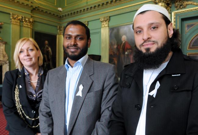 SUPPORT: The Lord Mayor of York, Cllr Julie Gunnell, at the Mansion House, with Imam Abid Salik, right, and York Mosque president Ismail Miah, showing their support for the White Ribbon campaign                                                             