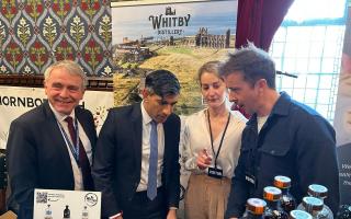Prime Minister Rishi Sunak and Robert Goodwill, Scarborough and Whitby MP, with Whitby Distillery representatives at the event