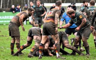 York RUFC battled in tough conditions for a 14-14 draw with Harrogate. Picture: Rob Long