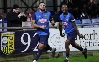Jordan Hines celebrates after putting Tadcaster Albion in front against Silsden.