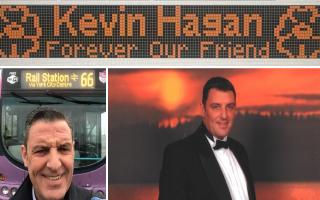 Kevin Hagan, whose funeral will be held on Friday, March 15. Top, the tribute that will be carried on a bus carrying mourners to the ceremony