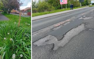 Grass verges in Flaxman Croft Copmanthorpe, left, and potholes in Tadcaster Road