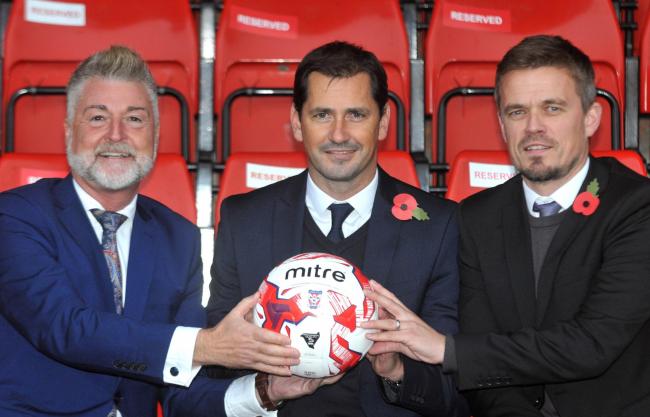 UNITED TEAM: York City boss Jackie McNamara is flanked by chairman Jason McGill (left) and Simon Donnelly (right)