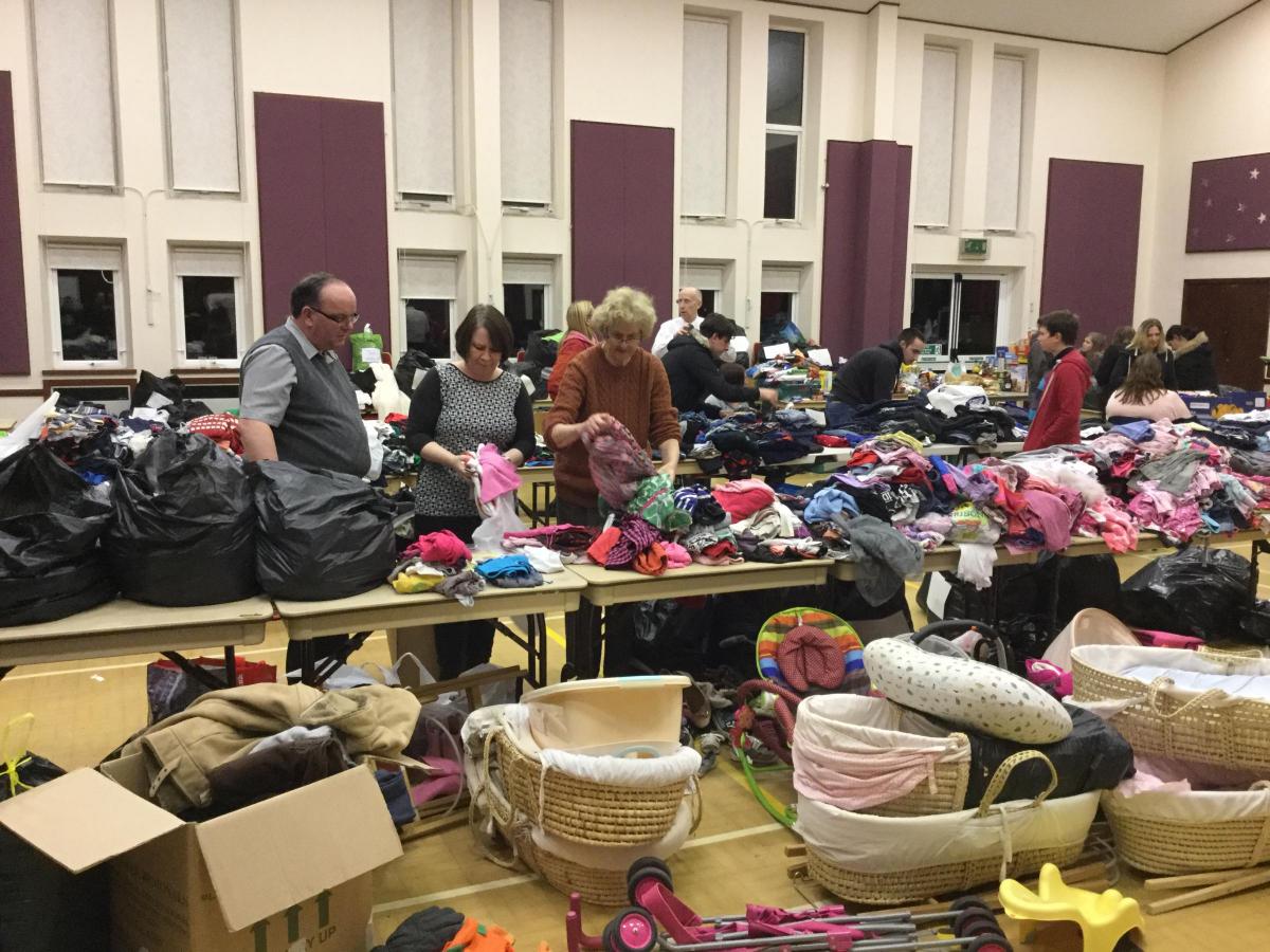 Donated items being sorted at the collection centre at the Mormon church in Acomb Road