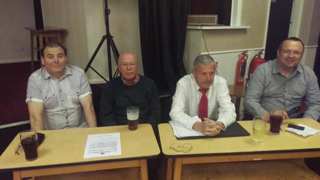 TRUST ISSUE: (from left-to-right) York City Supporters Trust board members Martyn Jones, John Lacey and Ian Hey, with East Riding Minstermen chairman John Uttley, as the future of the fans' body was discussed at Malton's Railway Club