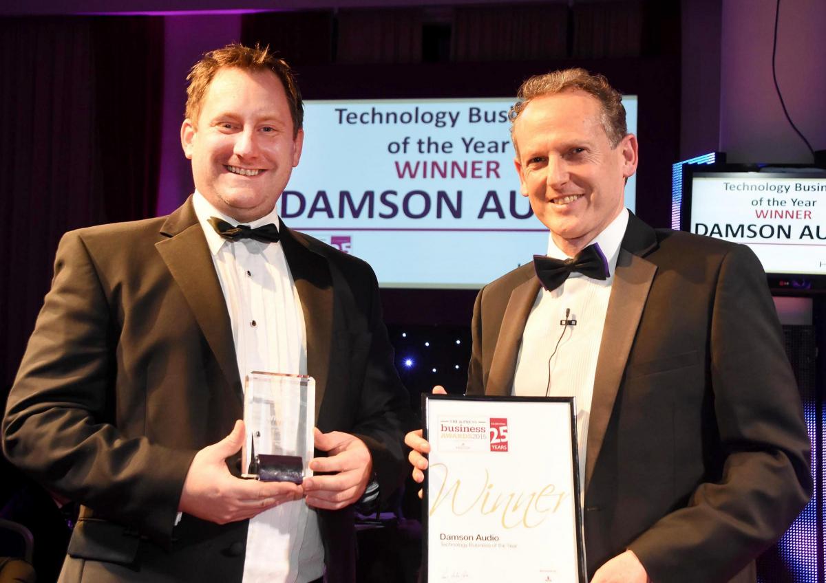 The Press Business Awards 2015. Technology Business of the Year Award winner Damson Audio. James Talbot recives the award from Alan Millard from Hiscox UK. Picture David Harrison.