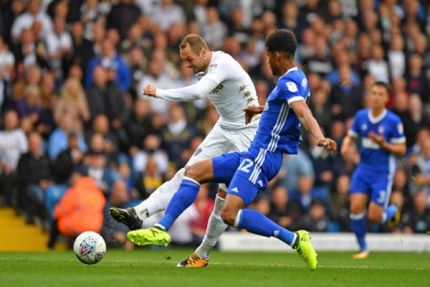 Pierre-Michel Lasogga scores Leeds' opening goal against Ipswich – Picture: Dave Howarth/PA Wire