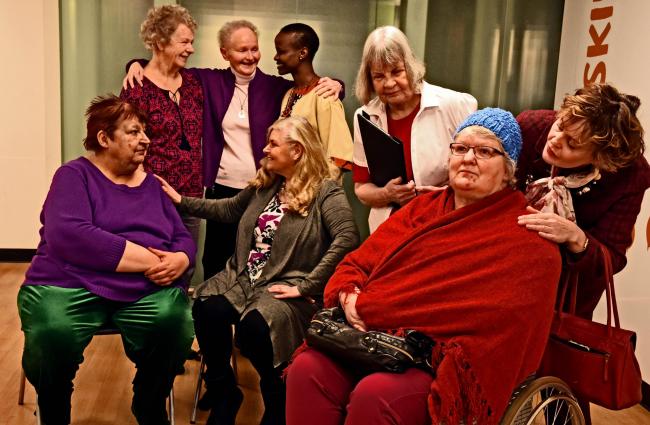 Sue Lister (2nd from left back row) directs  Ther Real Thaetre Company players during their dress rehearsal of "Just Kidding".Pic Nigel Holland