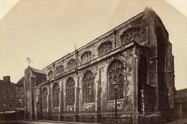 St Crux on Pavement in the 1870s. The church which survived into Victorian times had been built in 1424 and given by Nigel Fossard, Lord of Doncaster, to St Mary's Abbey. The church was larger and loftier than was usual for York city churches and comp