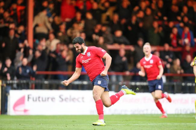 GOAL-DEN BOY: Hamza Bencherif celebrates his first of two goals for York City against Darlington, which saw him open his account for the club after 83 appearances. Picture: Gordon Clayton