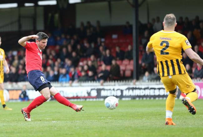 WASTEFUL: Paddy McLaughlin misses the target with a free shot on goal to give York City a 3-0 lead against Boston United in a match that would finish 2-2. Picture: Gordon Clayton