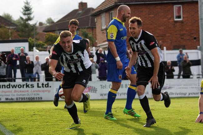 RUNNING AWAY WITH IT: Spennymoor striker Glen Taylor, pictured left, is the clear leader in the race to be National League North’s top scorer having plundered 23 goals outside of cup competitions during 2018/19